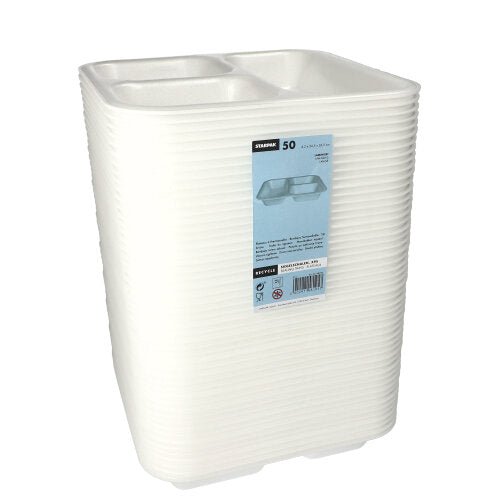 Représenté est une pile de barquettes alimentaires Starpak scellées blanches laminées (4,2 x 24,5 x 26,5 cm) avec deux compartiments; idéal pour l'utilisation gastronomique, l'emballage contient 50 plateaux XPS.