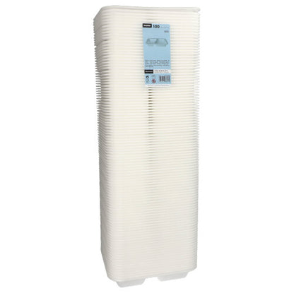Une pile de 100 plateaux XPS à 2 compartiments laminés blancs de Starpak, appelés « Starpak 100 barquettes scellées », est livrée emballée dans du film plastique avec une étiquette bleue - parfaite pour l'emballage alimentaire.