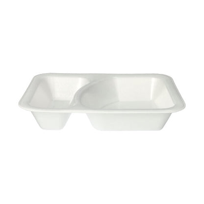 Les Starpak 100 barquettes scellées XPS 2-parties blanc laminé sont un plateau alimentaire jetable rectangulaire blanc avec deux compartiments de Starpak, illustré sur un fond blanc simple.