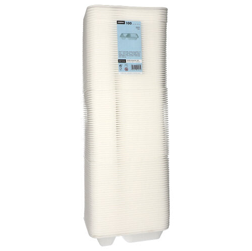 Une pile de 100 plateaux alimentaires Starpak en XPS blanc laminé avec deux compartiments, des bords surélevés, une forme rectangulaire et une étiquette bleue sur le dessus. Marque : Starpak.