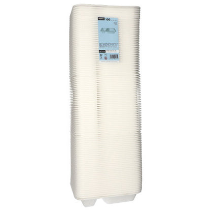 Une pile de 100 plateaux alimentaires Starpak en XPS blanc laminé avec deux compartiments, des bords surélevés, une forme rectangulaire et une étiquette bleue sur le dessus. Marque : Starpak.