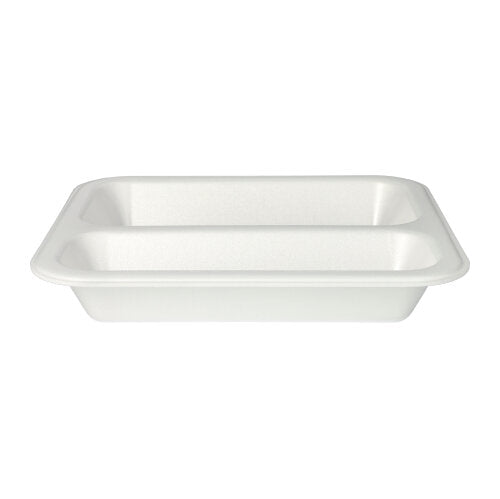 Les Starpak 100 barquettes scellées sont des plateaux alimentaires rectangulaires blancs en mousse XPS avec deux compartiments et une surface laminée, illustrés sur un fond blanc simple.