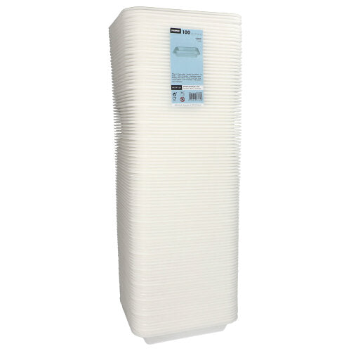 Ein vertikaler Stapel von Starpak 100 Siegelschalen XPS 2-geteilt weiß laminiert, hergestellt aus leichtem Schaumstoff, mit einem Produktetikett auf der oberen Schale.