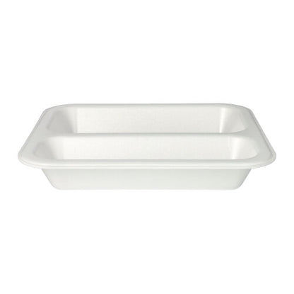 Les Starpak 100 barquettes scellées sont un plateau alimentaire jetable rectangulaire blanc de Starpak en XPS avec une surface laminée et deux compartiments.