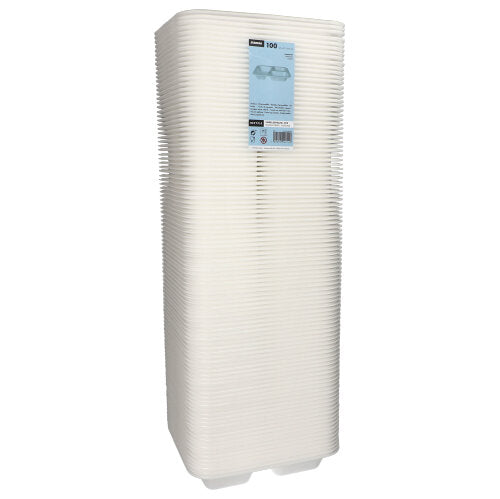 Une pile de 100 barquettes scellables Starpak, XPS à 3 compartiments, 925 ml ovales, assiettes laminées blanches (4,2 x 21,2 x 25 cm), utilisées comme emballage alimentaire et portant une étiquette de produit, est illustrée sur un fond blanc uni.
