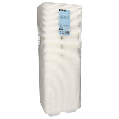 Une pile de 100 barquettes scellables Starpak, XPS à 3 compartiments, 925 ml ovales, assiettes laminées blanches (4,2 x 21,2 x 25 cm), utilisées comme emballage alimentaire et portant une étiquette de produit, est illustrée sur un fond blanc uni.