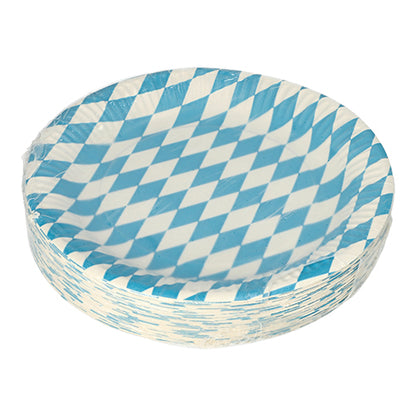Une pile de PAPSTAR 50 assiettes, assiettes en carton rondes (Ø 23 cm) de PAPSTAR GmbH au motif de losanges bleu et blanc est visible dans un emballage plastique transparent sur fond blanc.