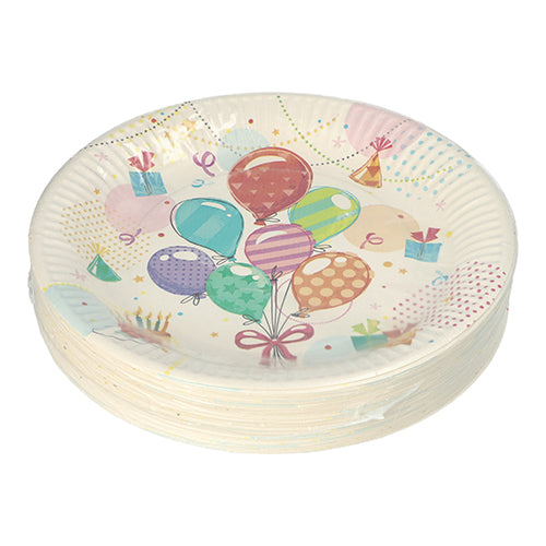 Le PAPSTAR 50 assiettes, carton rond Ø 23 cm de la PAPSTAR GmbH avec des motifs de ballons, chapeaux de fête et cadeaux colorés - parfait comme assiette jetable écologique pour les anniversaires ou les fêtes.