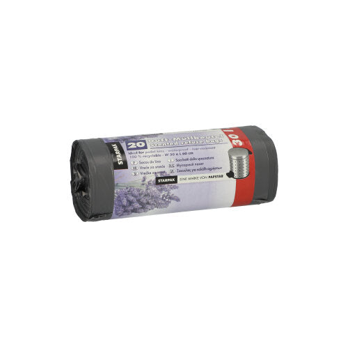Un rouleau de sacs poubelle Starpak 20 en LDPE, gris avec parfum de lavande (30 l, 60x50 cm), contient 20 sacs parfumés par paquet. L'étiquette montre les détails du produit ainsi qu'une image de lavande.