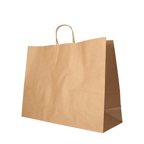 Un grand sac en papier brun écologique PAPSTAR 25 sacs avec poignées torsadées de la PAPSTAR GmbH se tient debout sur un fond blanc.