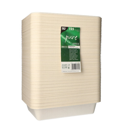 Ein Set mit 125 PAPSTAR Siegelschalen aus Zuckerrohr von der PAPSTAR GmbH. Biologisch abbaubar und umweltfreundlich verpackt, ideal für nachhaltige Entscheidungen. Mit grün-weißem „pure“ Label für umweltbewusste Nutzer.