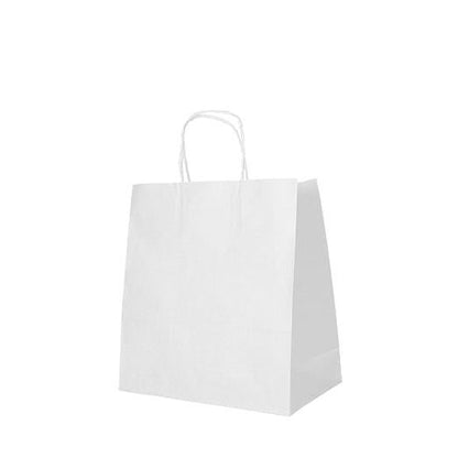 Un PAPSTAR 25 sacs en papier avec poignées torsadées de la PAPSTAR GmbH se tient debout sur un fond blanc. Les côtés inclinés du simple sac blanc soulignent son design simple et pratique ainsi que sa construction en papier écologique.