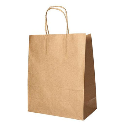 Les PAPSTAR 25 sacs de PAPSTAR GmbH en papier avec poignée torsadée se tiennent debout sur un fond blanc et offrent une solution écologique pour transporter vos objets.