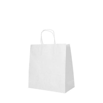 Les PAPSTAR 25 sacs de la PAPSTAR GmbH sont un simple sac à provisions blanc en papier avec poignées torsadées, se tenant debout sur un fond blanc. Son design minimaliste le rend idéal pour des courses écologiques.