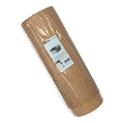 Un paquet de 50 saladiers ronds bruns Starpak en carton avec revêtement PE, emballés sous plastique, empilés, avec une étiquette produit blanche et un code-barres à l'avant - polyvalent.