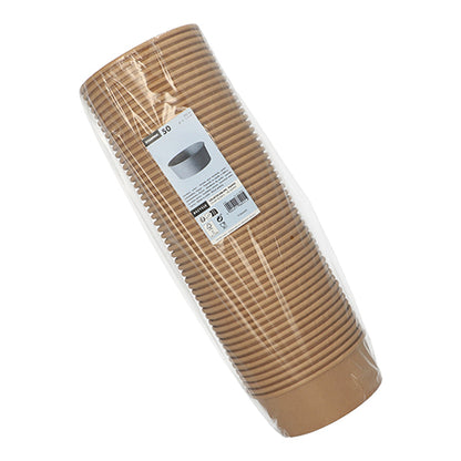 Un paquet de 50 saladiers Starpak, bols en papier ronds et bruns avec revêtement PE, dans un film plastique transparent avec une étiquette d'information blanche - parfait pour un emballage écologique. Marque : Starpak.