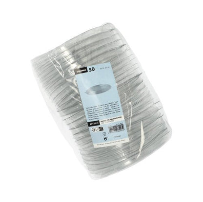Un paquet de 50 couvercles ronds et transparents en PET (2 cm de hauteur) pour saladiers Starpak, emballés dans du plastique et munis d'une étiquette sur le devant indiquant la marque Starpak, la quantité et le mode d'emploi.