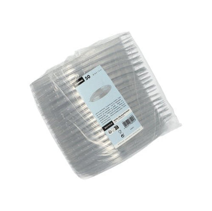 Une pile de 50 couvercles ronds transparents (2 cm de hauteur) en PET résistant, fabriqués par Starpak, est emballée ensemble et enveloppée dans du film plastique ; l'emballage comporte une étiquette blanche indiquant les détails du produit et un code-barres.