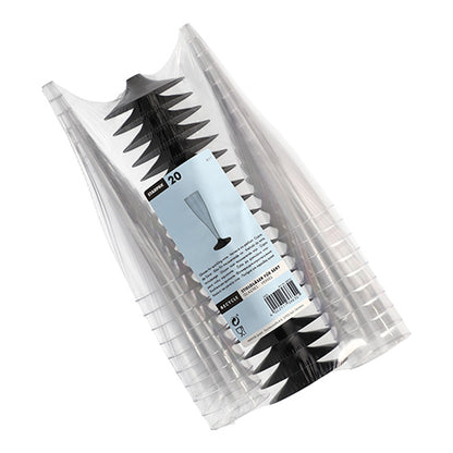 Un emballage en plastique transparent avec 20 verres à pied Starpak hauts et élancés pour vin blanc (PS cristallin), empilés avec une étiquette blanche contenant des informations sur le produit, un code-barres et un diagramme d'un verre élégant.