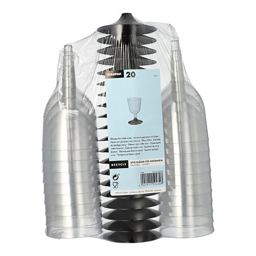 Un ensemble de 20 verres à pied Starpak pour vin blanc en PS clair est emballé ensemble dans du film plastique, avec une étiquette bleu clair montrant des informations sur le produit et une simple illustration d'un verre à vin au design élégant.