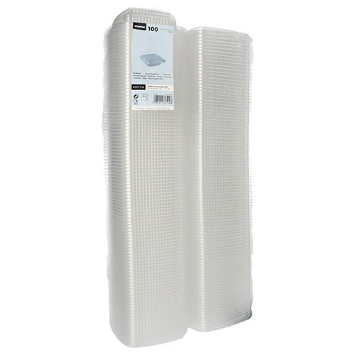 Un paquet de 100 gobelets d'emballage Starpak transparents, rectangulaires avec couvercles à charnière (PP), groupés dans du plastique avec une étiquette de produit sur le devant.