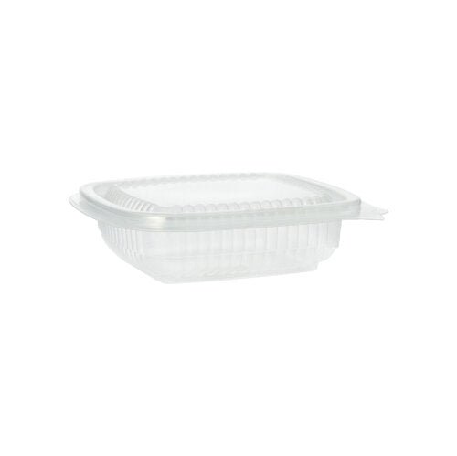 Le gobelet d'emballage Starpak 100 avec couvercles à charnière, PP rectangulaire, transparent, est représenté de côté sur fond blanc. Ce récipient Starpak rectangulaire vide dispose de côtés cannelés et d'un couvercle à charnière sécurisé.