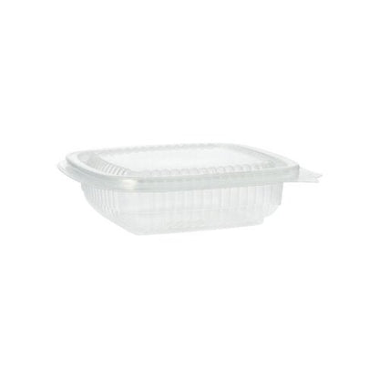 Le gobelet d'emballage Starpak 100 avec couvercles à charnière, PP rectangulaire, transparent, est représenté de côté sur fond blanc. Ce récipient Starpak rectangulaire vide dispose de côtés cannelés et d'un couvercle à charnière sécurisé.