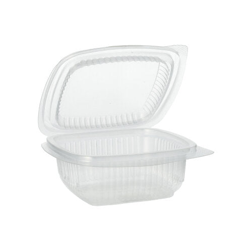 Les gobelets d'emballage Starpak 100 avec couvercles à charnière, PP rectangulaire, transparent de Starpak sont ouverts et vides sur fond blanc.