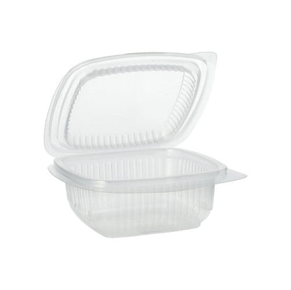 Les gobelets d'emballage Starpak 100 avec couvercles à charnière, PP rectangulaire, transparent de Starpak sont ouverts et vides sur fond blanc.