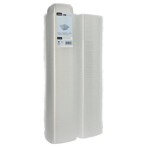 Un paquet de 100 gobelets d'emballage Starpak transparents, rectangulaires en PP avec couvercle à charnière est debout. Une étiquette Starpak sur le dessus montre les détails de ces gobelets polyvalents et leur quantité.