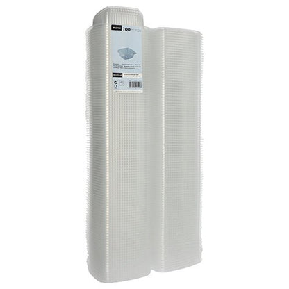 Un paquet de 100 gobelets d'emballage Starpak transparents, rectangulaires en PP avec couvercle à charnière est debout. Une étiquette Starpak sur le dessus montre les détails de ces gobelets polyvalents et leur quantité.