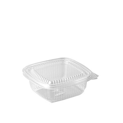 Le gobelet d'emballage Starpak 100 avec couvercles à charnière est un récipient transparent, rectangulaire à emporter en polypropylène, qui est fermé devant un fond blanc simple.