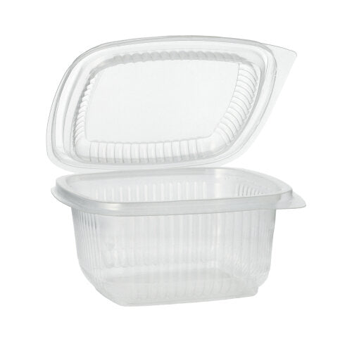 Un gobelet d'emballage Starpak 100 transparent avec couvercles à charnière en PP, rectangulaire, est ouvert et posé sur un fond blanc.