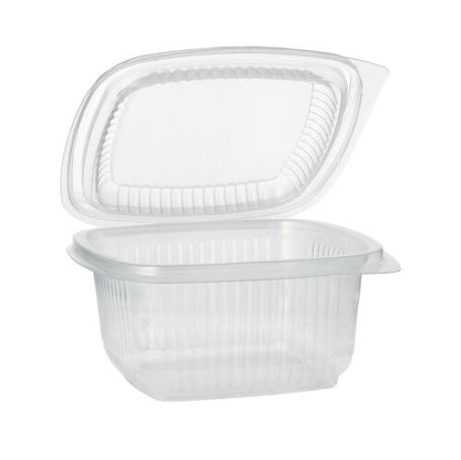 Un gobelet d'emballage Starpak 100 transparent avec couvercles à charnière en PP, rectangulaire, est ouvert et posé sur un fond blanc.