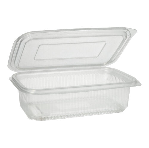 Un gobelet d'emballage rectangulaire transparent Starpak 50 avec couvercles rabattables de Starpak est ouvert et vide et est montré devant un fond blanc simple.