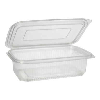 Un gobelet d'emballage rectangulaire transparent Starpak 50 avec couvercles rabattables de Starpak est ouvert et vide et est montré devant un fond blanc simple.