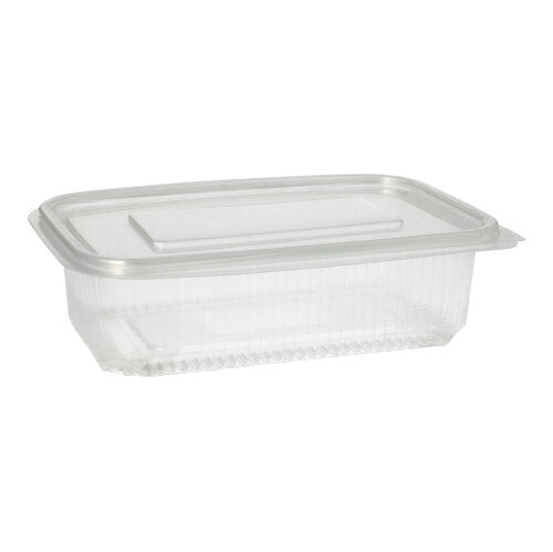 Un gobelet d'emballage Starpak 50 avec couvercles rabattables, PP transparent rectangulaire, repose sur un fond blanc simple avec un couvercle transparent fermé.