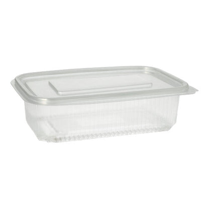 Un gobelet d'emballage Starpak 50 avec couvercles rabattables, PP transparent rectangulaire, repose sur un fond blanc simple avec un couvercle transparent fermé.