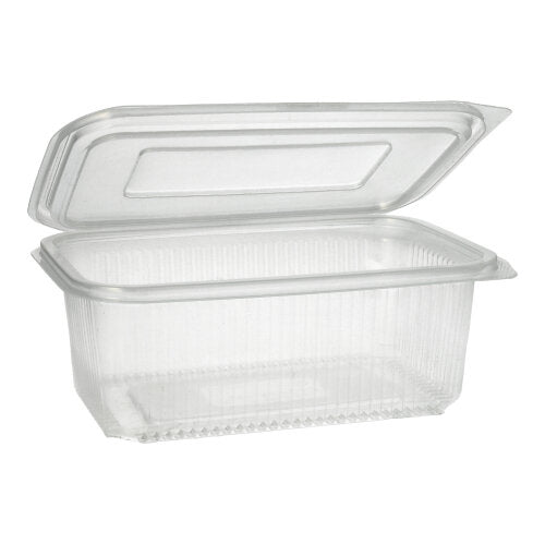 Le gobelet d'emballage Starpak 50 avec couvercles rabattables est un récipient rectangulaire transparent en PP avec une structure nervurée et un couvercle à charnière, idéal pour le stockage sécurisé des aliments.