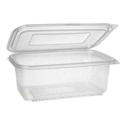 Le gobelet d'emballage Starpak 50 avec couvercles rabattables est un récipient rectangulaire transparent en PP avec une structure nervurée et un couvercle à charnière, idéal pour le stockage sécurisé des aliments.