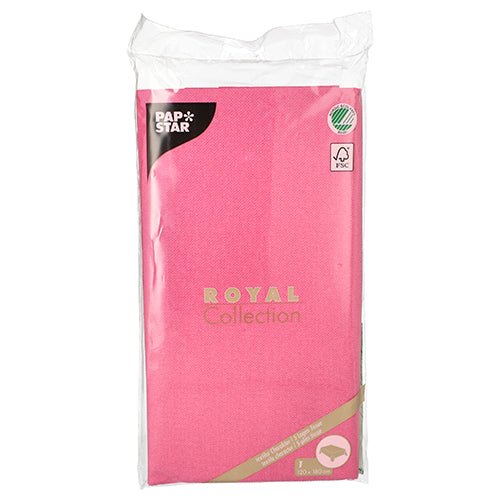 Une nappe PAPSTAR de la ROYAL Collection (120 x 180 cm) de PAPSTAR GmbH en qualité tissu, enveloppée dans un film transparent avec FSC et détails de produit en or et blanc – parfaite pour toute table élégamment dressée.