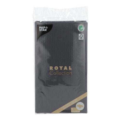 Une nappe PAPSTAR de la ROYAL Collection (120 x 180 cm) de PAPSTAR GmbH est représentée. L'emballage est orné de texte doré et blanc, de logos et d'un sceau FSC – parfait pour une table élégamment dressée.