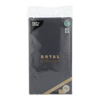 Une nappe PAPSTAR de la ROYAL Collection (120 x 180 cm) de PAPSTAR GmbH est représentée. L'emballage est orné de texte doré et blanc, de logos et d'un sceau FSC – parfait pour une table élégamment dressée.