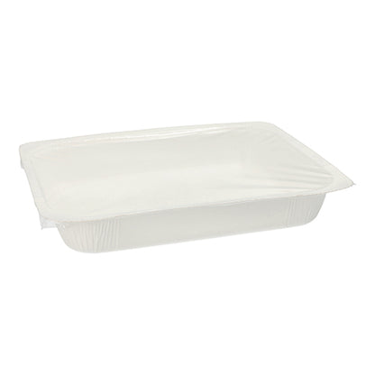 Les barquettes scellées Starpak 180 sont des récipients en papier blancs rectangulaires de 1200 ml (4,2 x 18,9 x 24,8 cm) avec un couvercle transparent sécurisé, parfaits pour des solutions d'emballage innovantes ; illustrées vides sur fond blanc.