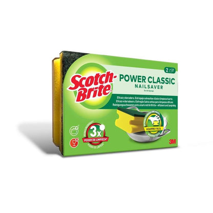 Un paquet de Scotch-Brite® Éponge à manche classique (2 pièces), de 3M Deutschland GmbH, avec des éponges jaunes et une surface à récurer verte. Avec performance de nettoyage et design ergonomique, logo 3M sur l'emballage.