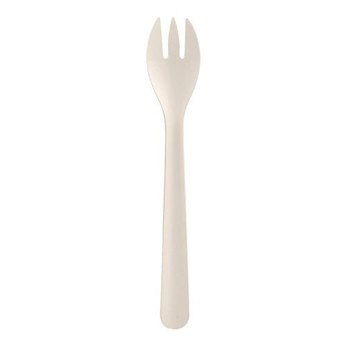 Une seule fourchette en papier blanche simple PAPSTAR « pure » (18,2 cm), d'un paquet de 50 de la PAPSTAR GmbH, est photographiée sur un fond blanc.