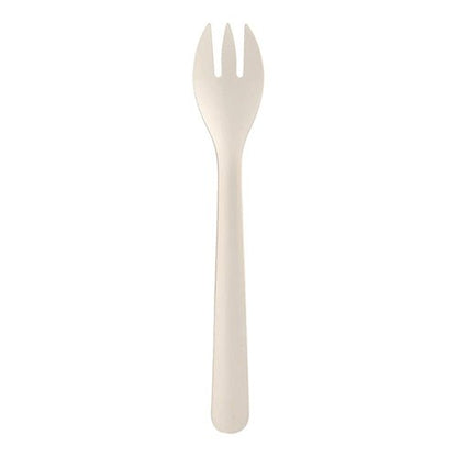 Une seule fourchette en papier blanche simple PAPSTAR « pure » (18,2 cm), d'un paquet de 50 de la PAPSTAR GmbH, est photographiée sur un fond blanc.