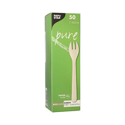 Une boîte rectangulaire blanche contenant PAPSTAR 50 fourchettes, papier « pure » 18,2 cm blanc de la PAPSTAR GmbH montre sur le devant une image unique de fourchette, en haut « 50 » et « 18,2 cm » et en dessous les détails du produit.