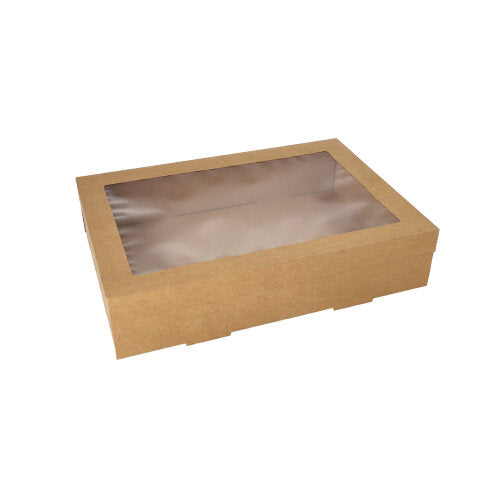La boîte de transport et de restauration Starpak 10 en carton brun rectangulaire avec couvercle séparé et fenêtre en PET est placée sur un fond blanc.