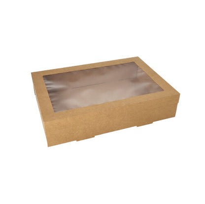 La boîte de transport et de restauration Starpak 10 en carton brun rectangulaire avec couvercle séparé et fenêtre en PET est placée sur un fond blanc.
